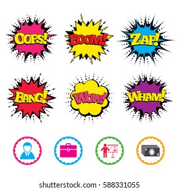 Comic Wow, Oops, Boom and Wham sound effects. Businessman icons. Human silhouette and cash money signs. Case and presentation with chart symbols. Zap speech bubbles in pop art. Vector