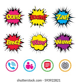 Comic Wow, Oops, Boom and Wham sound effects. Group of people and share icons. Speech bubble and round the world arrow symbols. Communication signs. Zap speech bubbles in pop art. Vector