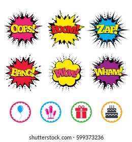 Comic Wow, Oops, Boom and Wham sound effects. Birthday party icons. Cake and gift box signs. Air balloons and fireworks rockets symbol. Zap speech bubbles in pop art. Vector