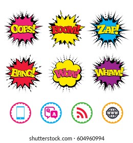 Comic Wow, Oops, Boom and Wham sound effects. Question answer icon.  Smartphone and Q&A chat speech bubble symbols. RSS feed and internet globe signs. Communication Zap speech bubbles in pop art