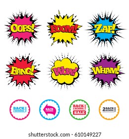 Comic Wow, Oops, Boom and Wham sound effects. Back to school sale icons. Studies after the holidays signs. Pencil symbol. Zap speech bubbles in pop art. Vector