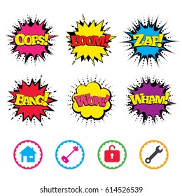 Comic Wow, Oops, Boom and Wham sound effects. Home key icon. Wrench service tool symbol. Locker sign. Main page web navigation. Zap speech bubbles in pop art. Vector