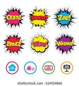 Comic Wow, Oops, Boom and Wham sound effects. For sale icons. Real estate selling signs. Home house symbol. Zap speech bubbles in pop art. Vector
