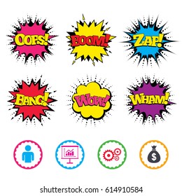 Comic Wow, Oops, Boom and Wham sound effects. Business icons. Human silhouette and presentation board with charts signs. Dollar money bag and gear symbols. Zap speech bubbles in pop art. Vector