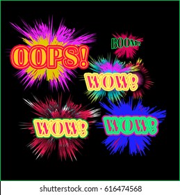 Comic Wow, Oops, Boom and Wham sound effects. Information icons. Stop prohibition and question FAQ mark signs. Approved check mark symbol. Zap speech bubbles in pop art. Vector