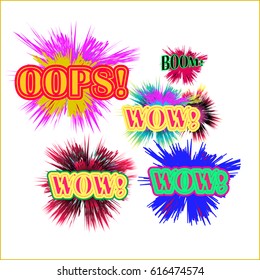 Comic Wow, Oops, Boom and Wham sound effects. Information icons. Stop prohibition and question FAQ mark signs. Approved check mark symbol. Zap speech bubbles in pop art. Vector