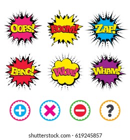 Comic Wow, Oops, Boom and Wham sound effects. Plus and minus icons. Delete and question FAQ mark signs. Enlarge zoom symbol. Zap speech bubbles in pop art. Vector