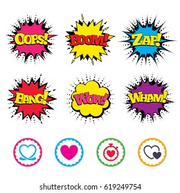Comic Wow, Oops, Boom and Wham sound effects. Heart ribbon icon. Timer stopwatch symbol. Love and Heartbeat palpitation signs. Zap speech bubbles in pop art. Vector
