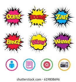 Comic Wow, Oops, Boom and Wham sound effects. Accounting workflow icons. Human silhouette, cogwheel gear and documents folders signs symbols. Zap speech bubbles in pop art. Vector