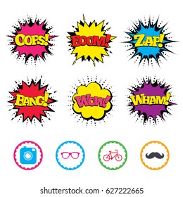 Comic Wow, Oops, Boom and Wham sound effects. Hipster photo camera with mustache icon. Glasses symbol. Bicycle family vehicle sign. Zap speech bubbles in pop art. Vector