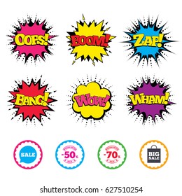 Comic Wow, Oops, Boom and Wham sound effects. Sale speech bubble icon. 50% and 70% percent discount symbols. Big sale shopping bag sign. Zap speech bubbles in pop art. Vector