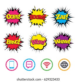 Comic Wow, Oops, Boom and Wham sound effects. Communication icons. Smartphone and chat speech bubble symbols. Wifi and internet globe signs. Zap speech bubbles in pop art. Vector