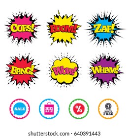 Comic Wow, Oops, Boom and Wham sound effects. Sale speech bubble icon. Discount star symbol. Big sale shopping bag sign. First month free medal. Zap speech bubbles in pop art. Vector