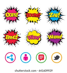 Comic Wow, Oops, Boom and Wham sound effects. Human person and share icons. Speech bubble symbols. Communication signs. Zap speech bubbles in pop art. Vector