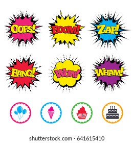 Comic Wow, Oops, Boom and Wham sound effects. Birthday party icons. Cake with ice cream signs. Air balloons with rope symbol. Zap speech bubbles in pop art. Vector