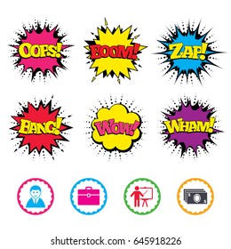 Comic Wow, Oops, Boom and Wham sound effects. Businessman icons. Human silhouette and cash money signs. Case and presentation symbols. Zap speech bubbles in pop art. Vector