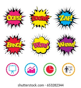 Comic Wow, Oops, Boom and Wham sound effects. Diagram graph Pie chart icon. Presentation billboard symbol. Man standing with pointer sign. Zap speech bubbles in pop art. Vector