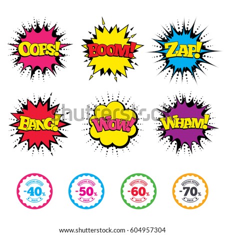 Comic Wow, Oops, Boom and Wham sound effects. Sale discount icons. Special offer stamp price signs. 40, 50, 60 and 70 percent off reduction symbols. Zap speech bubbles in pop art. Vector