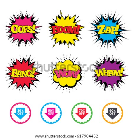 Comic Wow, Oops, Boom and Wham sound effects. Sale arrow tag icons. Discount special offer symbols. 30%, 50%, 70% and 90% percent off signs. Zap speech bubbles in pop art. Vector