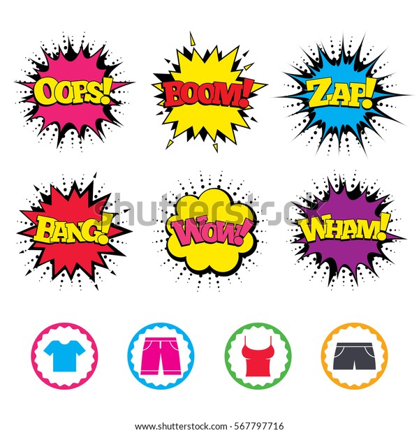 Comic Wow, Oops, Boom and Wham sound\
effects. Clothes icons. T-shirt and bermuda shorts signs. Swimming\
trunks symbol. Zap speech bubbles in pop art.\
Vector