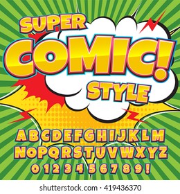 Comic yellow alphabet set. Letters, numbers and figures for kids' illustrations, websites, comics, banners.