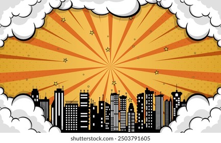Comic Yellow background design with city, cloud and star