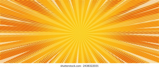Comic yellow background. Orange pop art sunburst pattern. Retro vector explosion with halftone effect. Abstract superhero wallpaper.