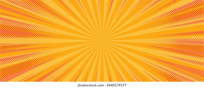 Comic yellow background. Orange pop art sunburst pattern. Retro vector explosion with halftone effect. Abstract superhero wallpaper.