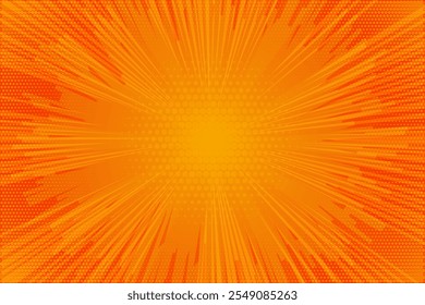 Comic yellow background. Orange pop art sunburst pattern. Retro vector explosion with halftone effect. Abstract superhero wallpaper.