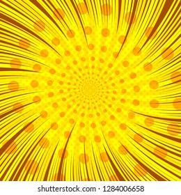 Comic yellow bright abstract background with spiral halftone dotted twisted radial and rays humor effects. Vector illustration