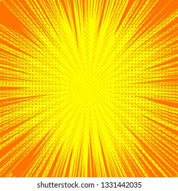 Comic yellow explosive template with sun beams radial and halftone effects. Vector illustration