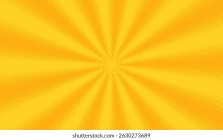 Arrière-Plan Bande Dessinée Jaune Art Pop. Image vectorielle Retro Sun Burst Motif avec des rayons de demi-teintes. Effet de lumière jaune Sunburst