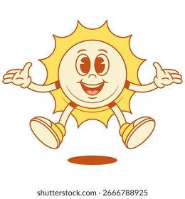 Ilustración plana de Vector contorneado de bienvenida de salto de personaje de dibujos animados de sol amarillo cómico. Funky riendo verano luz del sol sol vacaciones mascota regocijándose con la diversión con emoción positiva