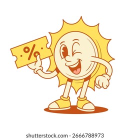 Ilustración plana de Vector contorneado de venta de compras de personajes de dibujos animados de sol amarillo cómico. Sonriente lindo adorable verano luz del sol sol vacaciones mascota tienda tienda de descuento voucher Precio de Black Friday