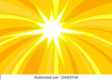 Comic yellow sunbeam background. Retro pop art style cartoon background. Vintage halftone vector illustration. Layout retro cartoon template. Comic book yellow superhero burst effect