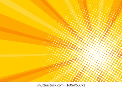 Comic yellow sunbeam background. Retro pop art style cartoon background. Vintage halftone vector illustration. Layout retro cartoon template. Comic book yellow superhero burst effect