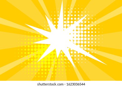 Comic yellow sunbeam background. Retro pop art style cartoon background. Vintage halftone vector illustration. Layout retro cartoon template. Comic book yellow superhero burst effect