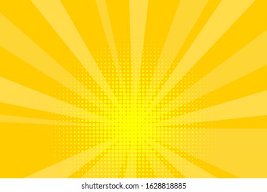 Comic yellow sunbeam background. Retro pop art style cartoon background. Vintage halftone vector illustration. Layout retro cartoon template. Comic book yellow superhero burst effect