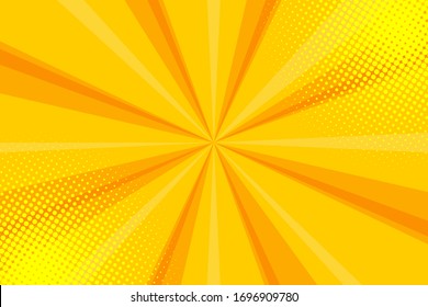 Comic yellow sunbeam background. Retro pop art style cartoon background. Vintage halftone vector illustration. Layout retro cartoon template. Comic book yellow superhero burst effect