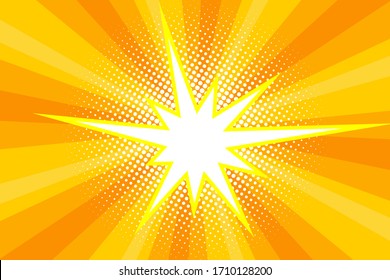 Comic yellow sunbeam background. Retro pop art style cartoon background. Vintage halftone vector illustration. Layout retro cartoon template. Comic book yellow superhero burst effect