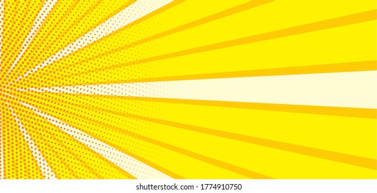 Comic yellow sunbeam background. Retro pop art style cartoon background. Vintage halftone vector illustration. Layout retro cartoon template. Comic book yellow superhero burst effect