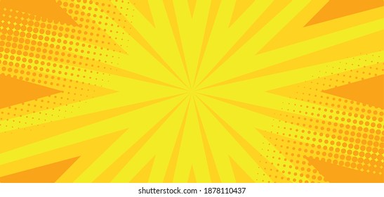 Comic yellow sunbeam background. Retro pop art style cartoon background. Vintage halftone vector illustration. Layout retro cartoon template. Comic book yellow superhero burst effect