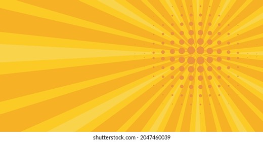 Comic yellow sunbeam background. Retro pop art style cartoon background. Vintage halftone vector illustration