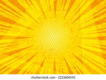 Comic Yellow Vector Background, Cartoon Halftone Pop Art , Retro Bright Sun Burst Pattern, Light Ray Frame Vintage Style. Sunny Abstract Illustration