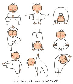 Comic Yoga Man Collection. Doing healthy yoga poses person. Vector EPS8.