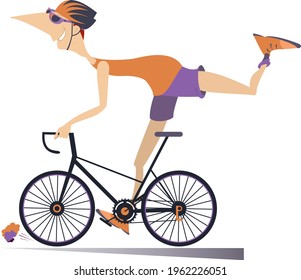 Comischer junger Mann fährt eine Radgrafik. 
Lächelnder Mann in Helm und Sonnenbrille fährt ein Fahrrad und sieht gesund und glücklich aus, einzeln auf Weiß
