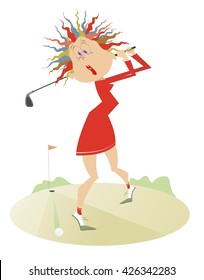 Comic young women is playing golf 