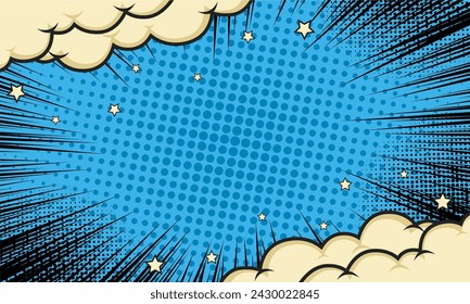 Comic zoom blue background with cloud and star