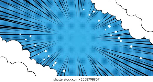 Comic zoom blue background with cloud and star