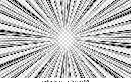 Comic zoom explosion background in black and white on transparent background